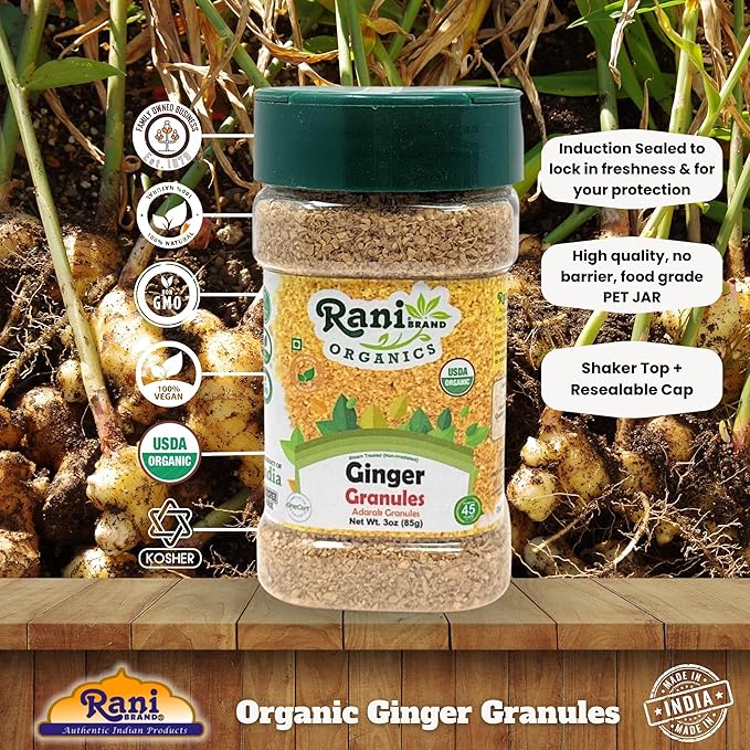 Rani Organic Granulated Ginger (Adarak Granules) 3oz (85g) PET Jar ~ All Natural | Gluten Friendly