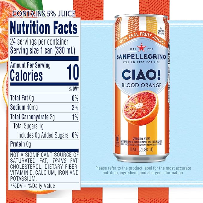 Sanpellegrino CIAO Blood Orange Sparkling Water, Low-Calorie Italian Sparkling Water with Real