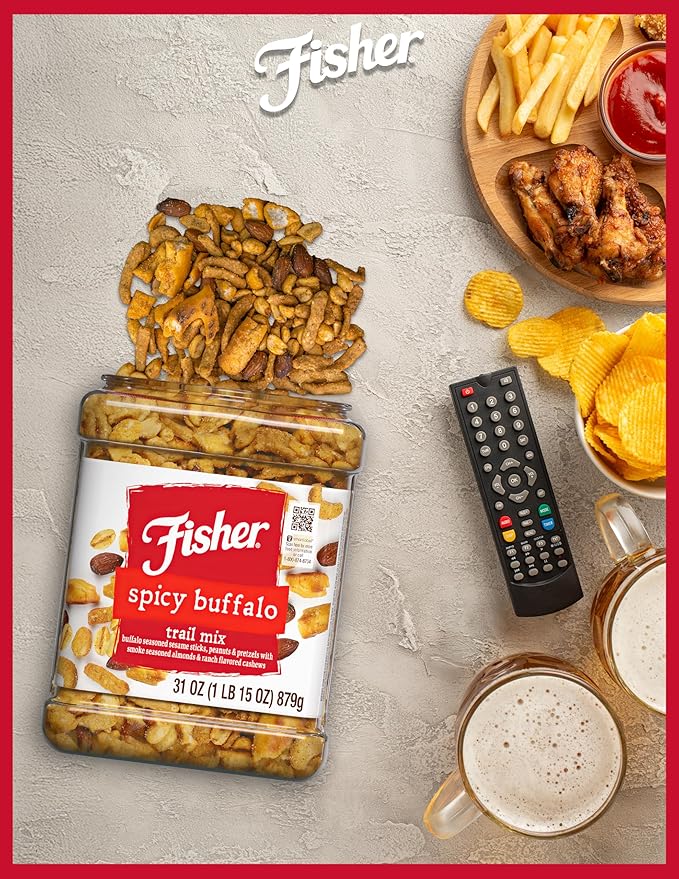 Fisher Spicy Buffalo Bulk Trail Mix, 31 oz Jar; Buffalo Seasoned Sesame Sticks, Peanuts & Pretzels