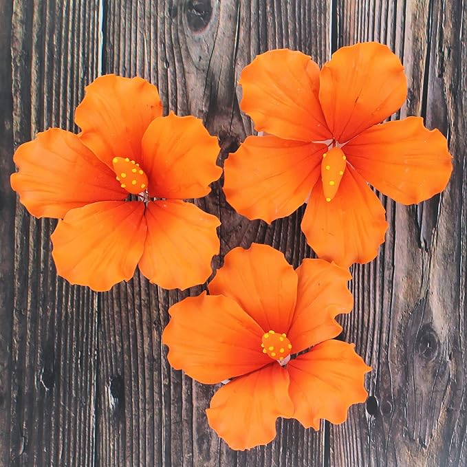Global Sugar Art Hibiscus Sugar Cake Flowers, Orange with Deep Orange, Hawaiian Cake Flower Large 3
