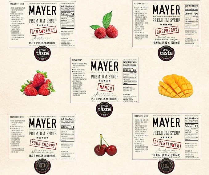 Mayer Hungarian Syrup 5-Flavor Variety Pack ??Award-Winning Artisan Fruit Syrups (Raspberry, Mango