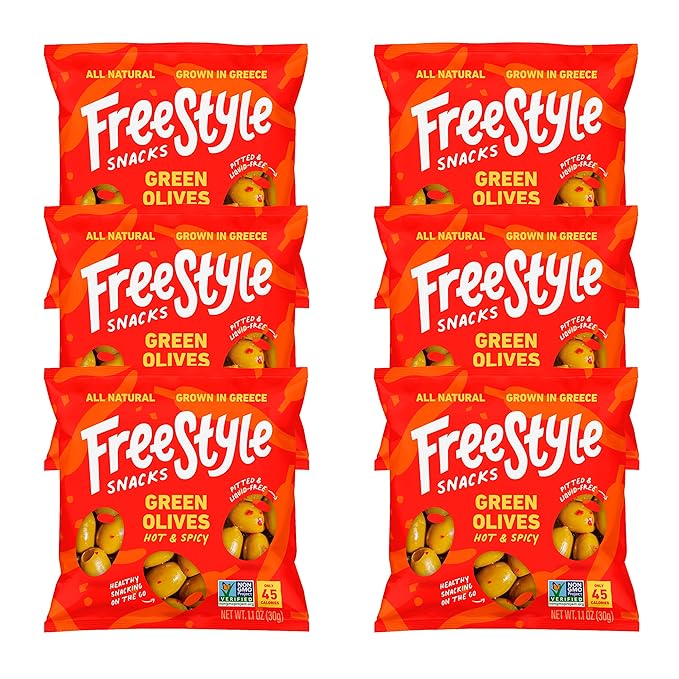 Freestyle Snacks Olive Snack Packs - Single Serve - Fresh Pitted Green Olives, Jumbo-Sized, Grown