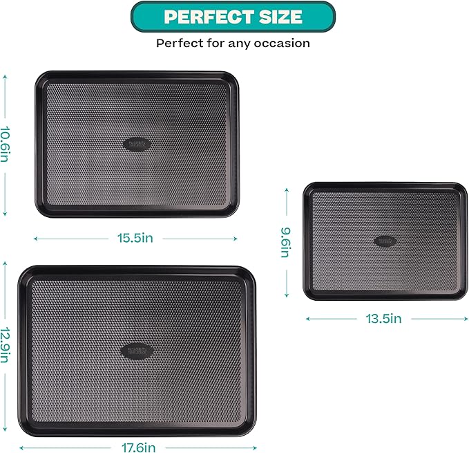 Baker's Secret Baking Sheet Pan Set, 3x Cookie Sheets for Oven, Diamond Texture Premium Air Flow