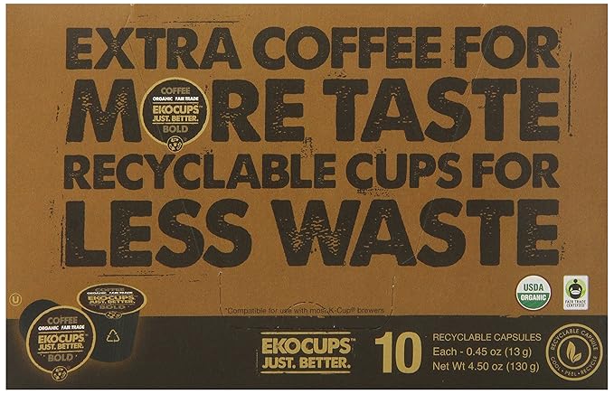 EKOCUPS Artisan Organic Bold Hot or Iced Coffee, Dark roast, in Recyclable Single Serve Cups for