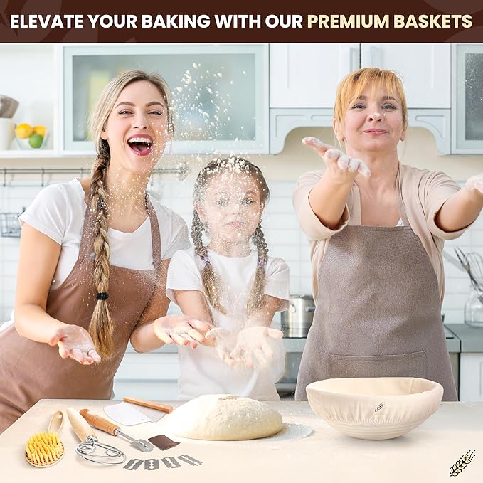 BAKERIA 9" Banneton Proofing Basket Kit (Round) ??Sourdough Bread Making Set with Danish Whisk