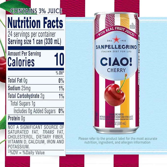 Sanpellegrino CIAO Cherry Sparkling Water, Low-Calorie Italian Sparkling Water with Real Fruit