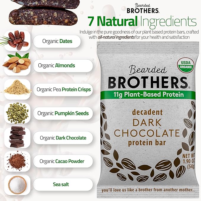 Bearded Brothers Organic Protein Bars, Dark Chocolate and Vanilla (10 Pack) - Plant Based Protein