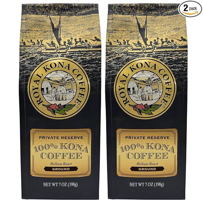 ROYAL KONA COFFEE Ground - 100% Hawaiian Kona Coffee, Private Reserve, Medium Roast, (Pack of 2)