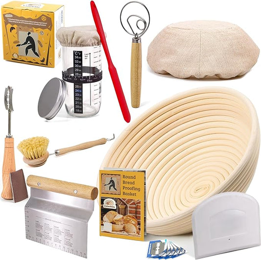 Sourdough Bread Baking Supplies Starter Kit, Banneton Proofing Basket 9'' Round, Sourdough Starter