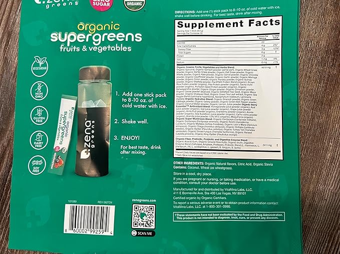 Zena Nutrition Organic Super Greens Powder, 70+ Superfoods, 0 Sugar, 3G Fiber, Spirulina
