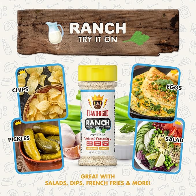 Ranch Seasoning by Flavor God, Sugar Free Ranch Substitute Low Sodium Seasoning, Gluten-Free Dry