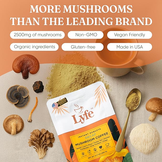 LYFE Organic Instant Decaf Mushroom Coffee ??Lion?™s Mane, Chaga, Cordyceps, Turkey Tail | USA
