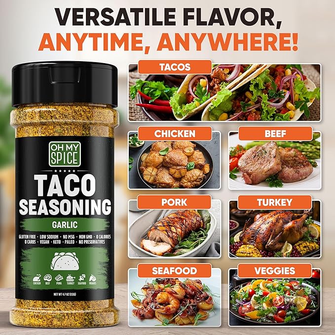 Taco Seasoning Mix Garlic Powder - Gluten Free & Low Sodium Mexican Seasoning Blend for Taco