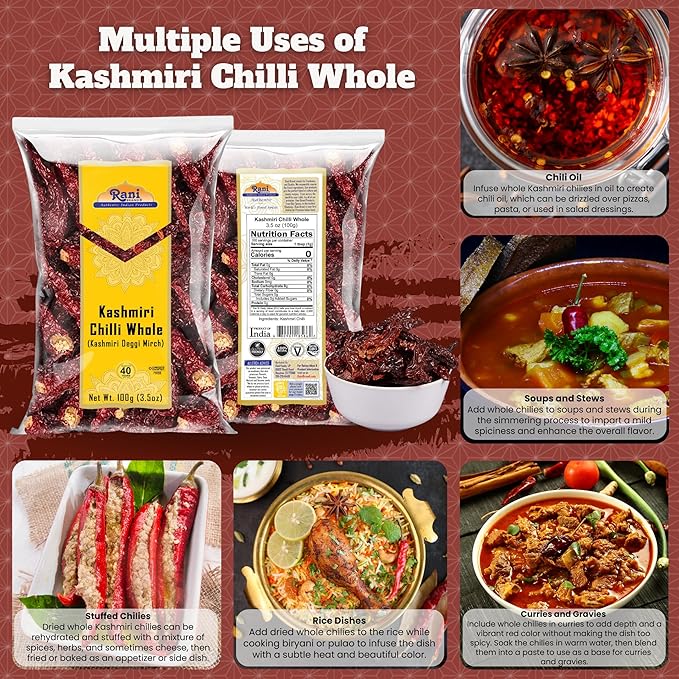 Rani Kashmiri Chilli Whole (Deggi Mirch, Low Heat) 3.5oz (100g) ~ Natural | Salt-Free | Vegan | No