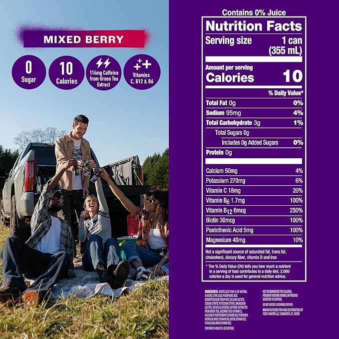 Yesly Energy Drink, Mixed Berry, Naturally Flavored Sparkling Energy Drink With Electrolytes