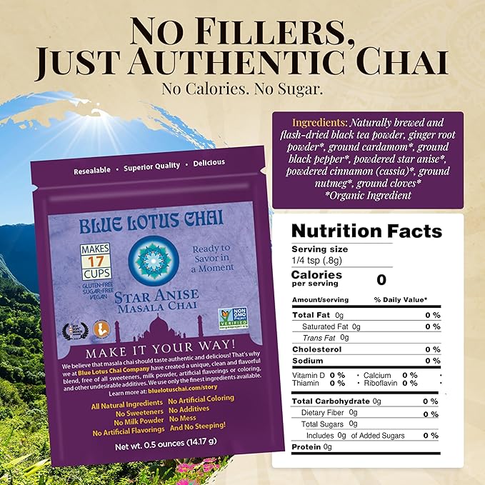 Blue Lotus Chai - Star Anise Masala Chai - Makes 17 Cups - 0.5 oz Pouch Masala Spiced Chai Powder