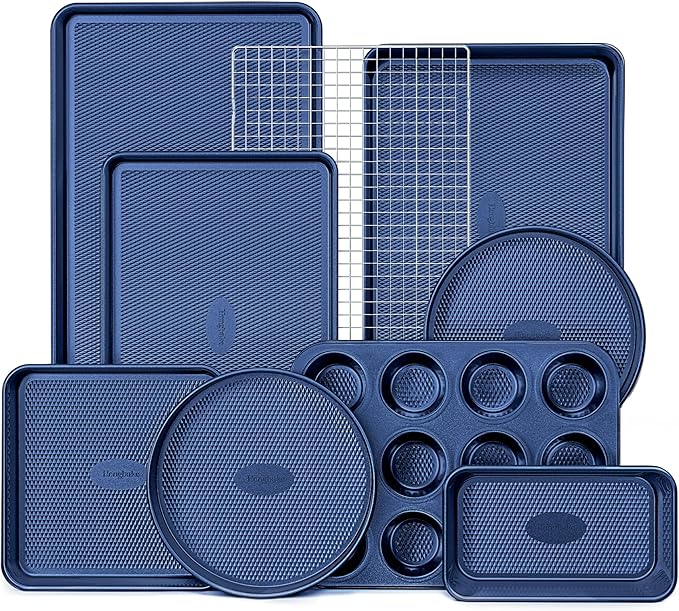 HONGBAKE 9-Piece Baking Pans Set Nonstick, Stackable Non Toxic Bakeware Sets with Diamond Texture