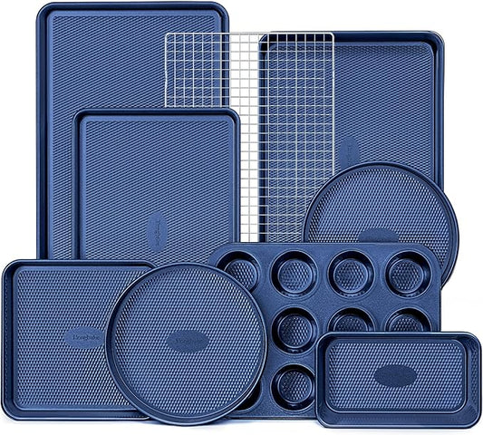 HONGBAKE 9-Piece Baking Pans Set Nonstick, Stackable Non Toxic Bakeware Sets with Diamond Texture