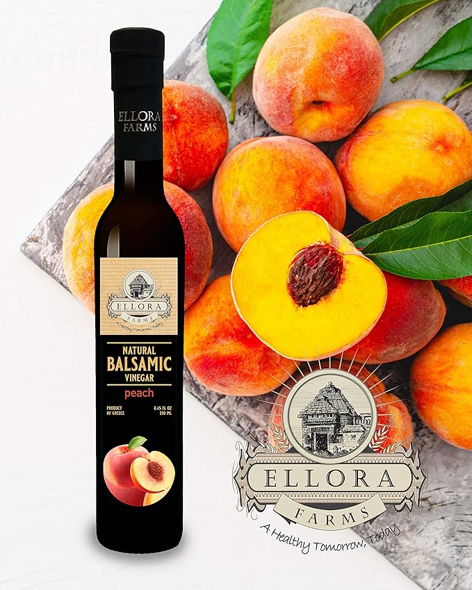 Ellora Farms, Peach fruit Infused Greek Balsamic Vinegar, thick and creamy, no-added sugars