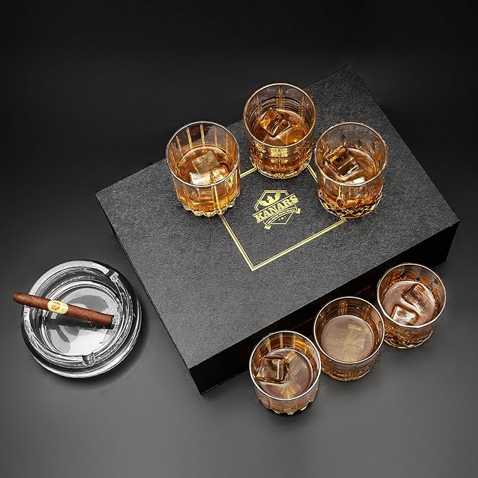 KANARS Whiskey Glasses Mixed, 10 Oz Scotch Glasses Set of 6, Rock Bar Tumblers 3 Patterns in Luxury