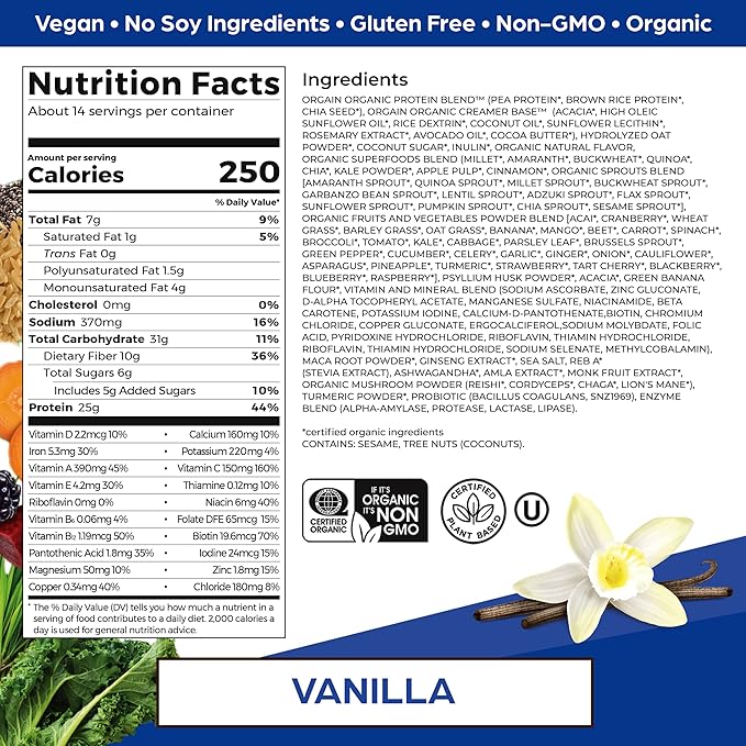 Orgain Perfect Meal, Organic, Vegan Meal Replacement Protein Powder, Vanilla - 25g Plant Based