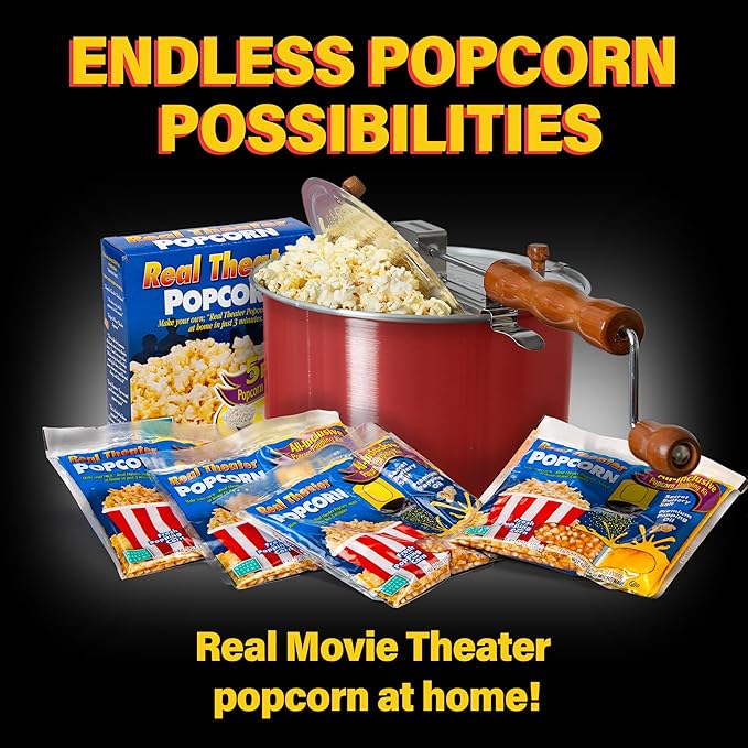 Original Whirley Pop Popcorn Maker - 6 Quart Stovetop Popcorn Popper With Five Popping Kits