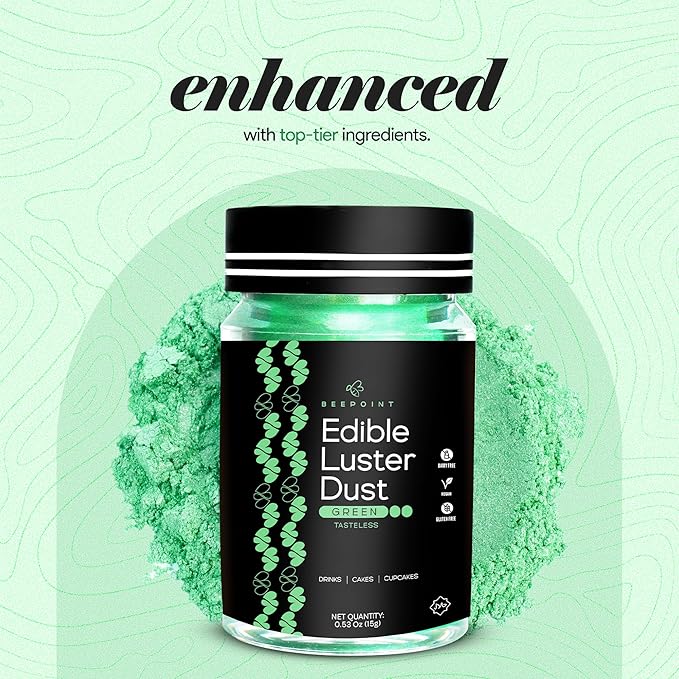 BeePoint Green Edible Luster Dust 15g - Food Grade, Vibrant Color Shimmer Powdered Dust for Drinks