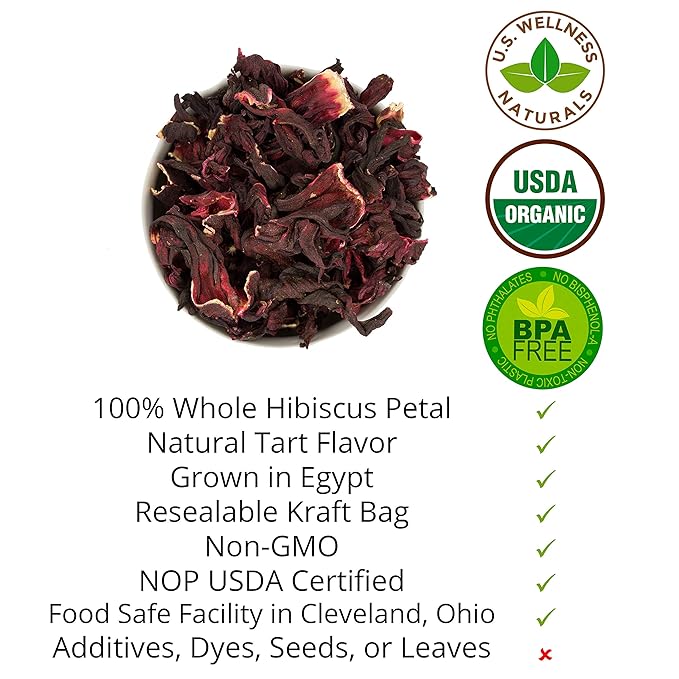 Hibiscus Tea 1LB (16Oz) 100% CERTIFIED Organic Hibiscus Flowers Herbal Tea (WHOLE PETALS), Caffeine