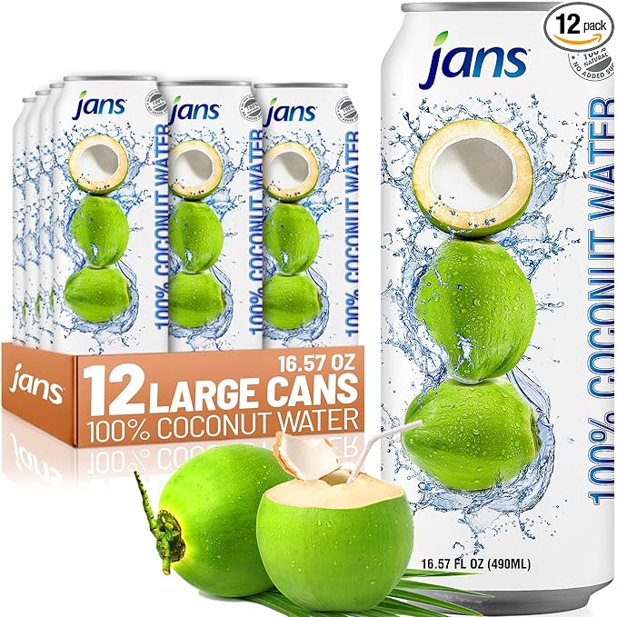 Jans 100% Pure Coconut Water with Real Pulp (12-Pack 16.57 Fl Oz) - No Sugar Added, Non-GMO