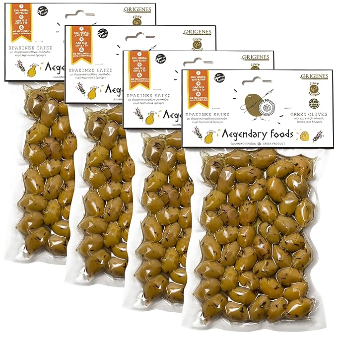 Pack of 4 Green Olives in Vacuum Bag , Marinated Olives in Savory Lemon Juice, Freshly Sealed