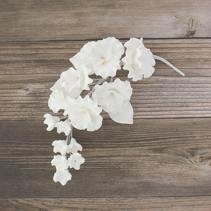 Sugar Blossom Cake Spray – Gumpaste Flowers for Cake Decorating – White Cherry Blossoms with Green