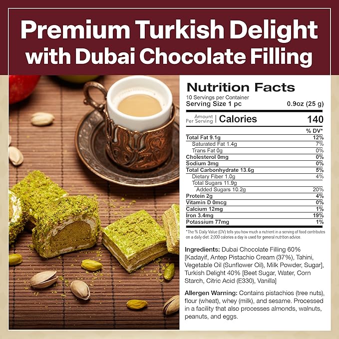 Eastanbul Premium Turkish Delight with Dubai Chocolate Filling, 8.8oz, Turkish Delights Pistachio