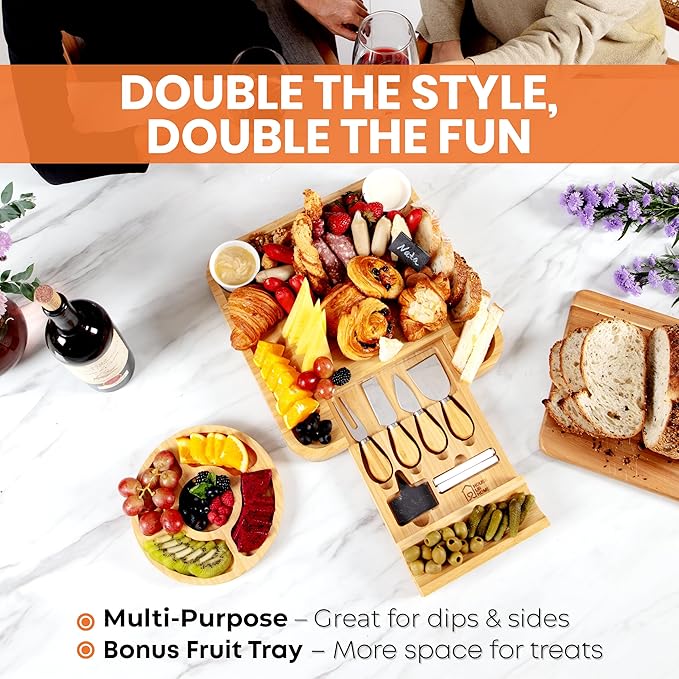 Large Bamboo Charcuterie Boards Gift Set with Hidden Drawer, Side Fruit Tray, Cheese Knife Set