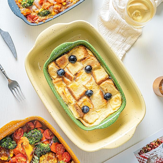 Casserole Dish Set of 3,Ceramic Bakeware for Oven,Rectangular Baking Dishes with Handles,High Heat