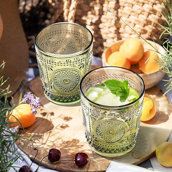 Joeyan Green Vintage Drinking Glasses,Embossed Small Sunflower Water Glass Tumbler,11oz Colored
