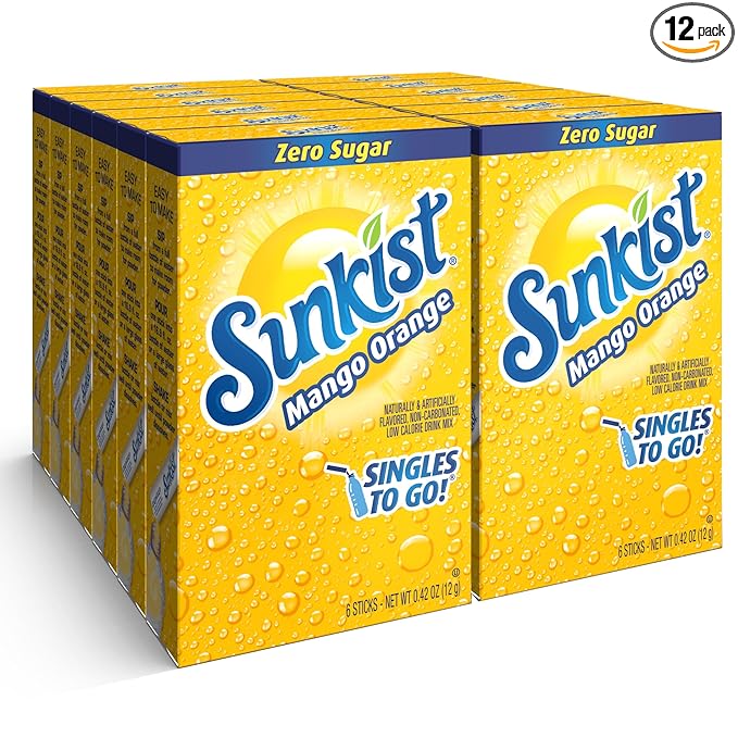 Sunkist Soda Mango Orange Singles To Go Drink Mix, 12 Boxes with 6 Packets Each - 72 Total Servings
