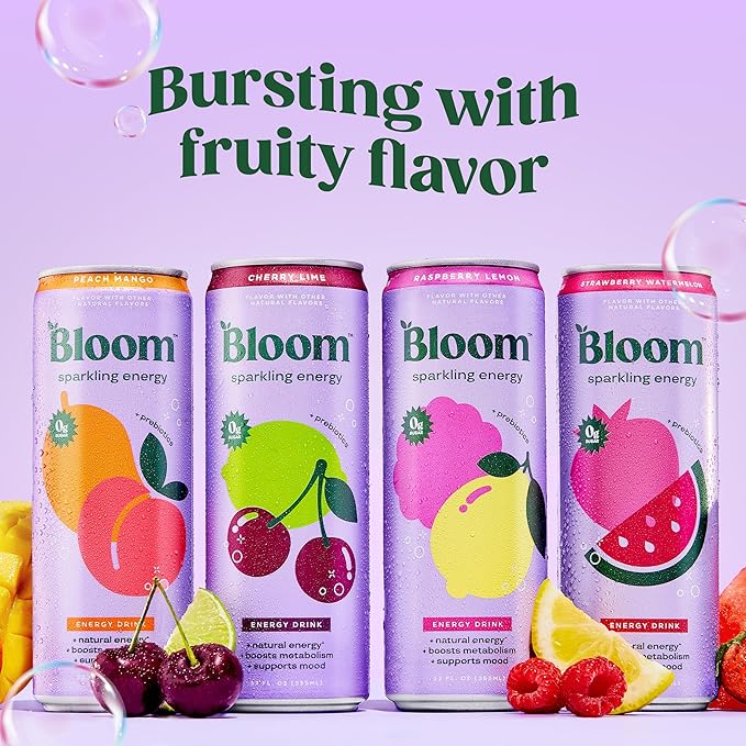 Bloom Nutrition Sparkling Energy Drink - Variety Pack - Natural Caffeine, Zero Sugar, 180mg