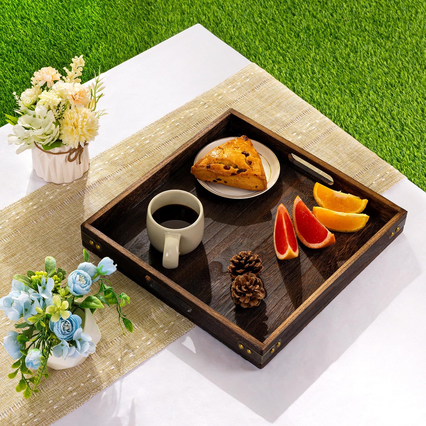 Serving Tray with Handles,Wood Decorative Tray,Square Large Serving Platter
