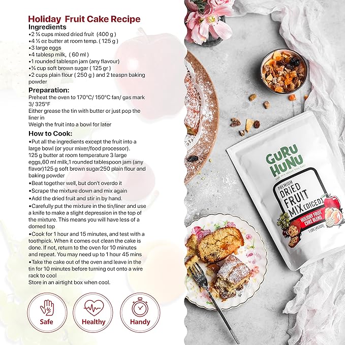 GURU HUNU Dried Fruit Mix, From Mediterranean, Healthy Snacks, No Sugar Added, Chemical Free, Diced