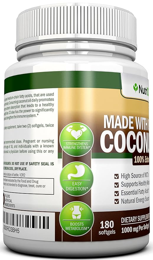 ORGANIC COCONUT OIL Capsules - 180 Softgels - 4000 MG Daily - Cold-Pressed Extra Virgin Coconut Oil