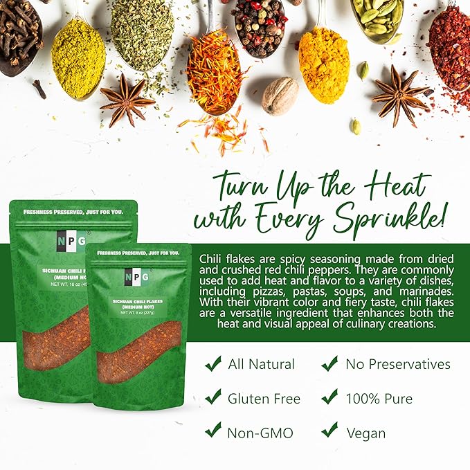 NPG Authentic Sichuan Chili Flakes 16 Ounces, Medium Hot, Szechuan Crushed Red Pepper Flakes Bulk