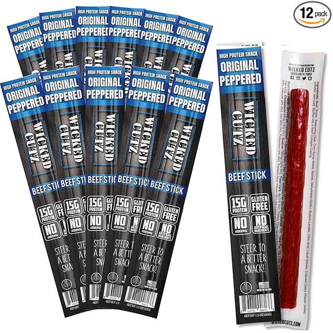 Wicked Cutz Original Peppered Beef Sticks, 15g Protein Per Beef Stick, Tender & Juicy Extra Large