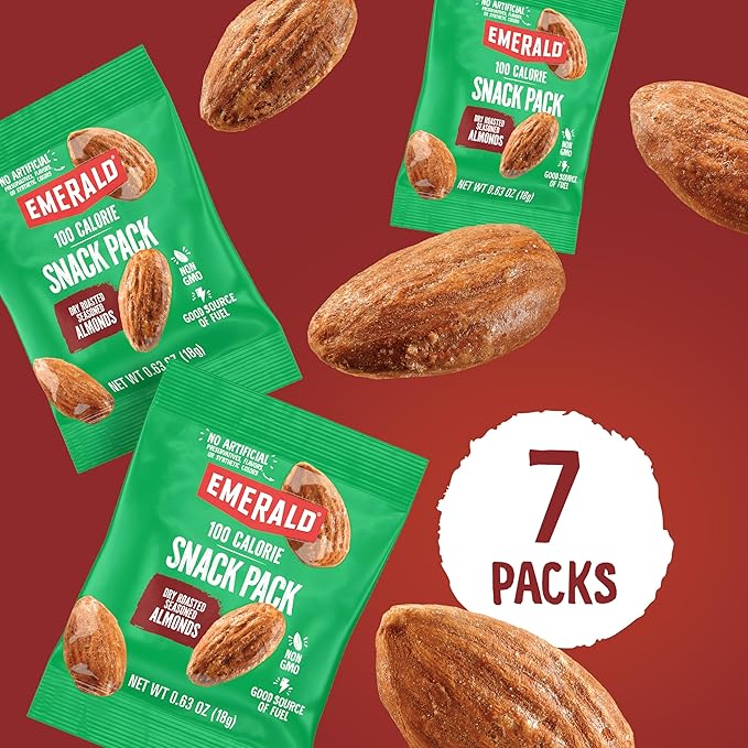 Emerald Nuts Dry Roasted Almonds 7ct (1-Pack) | 100-Calorie Individual Snack Packs | Plant-Based