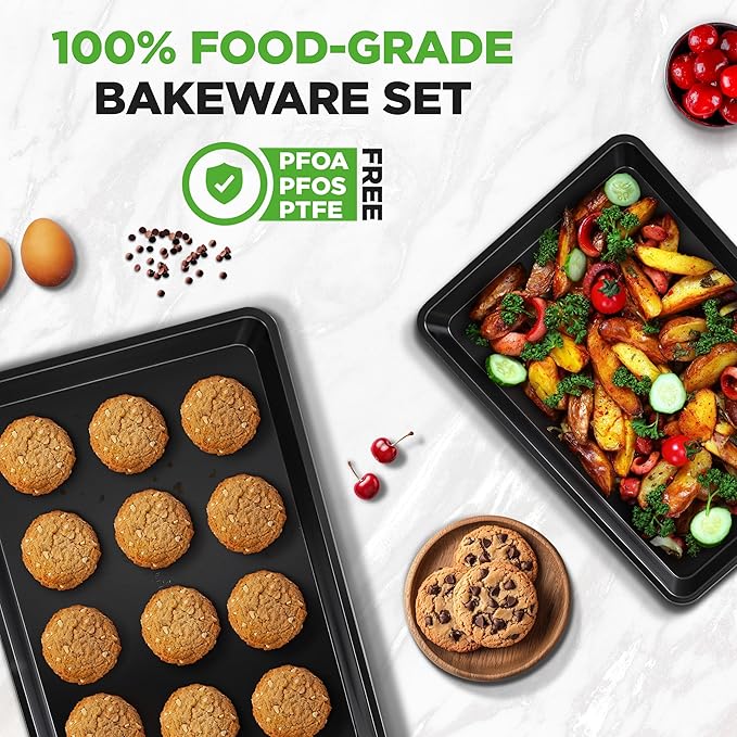 NutriChef 2-Piece Black Non-Stick Cookie Sheet Baking Tray Set - Versatile & Durable Carbon Steel