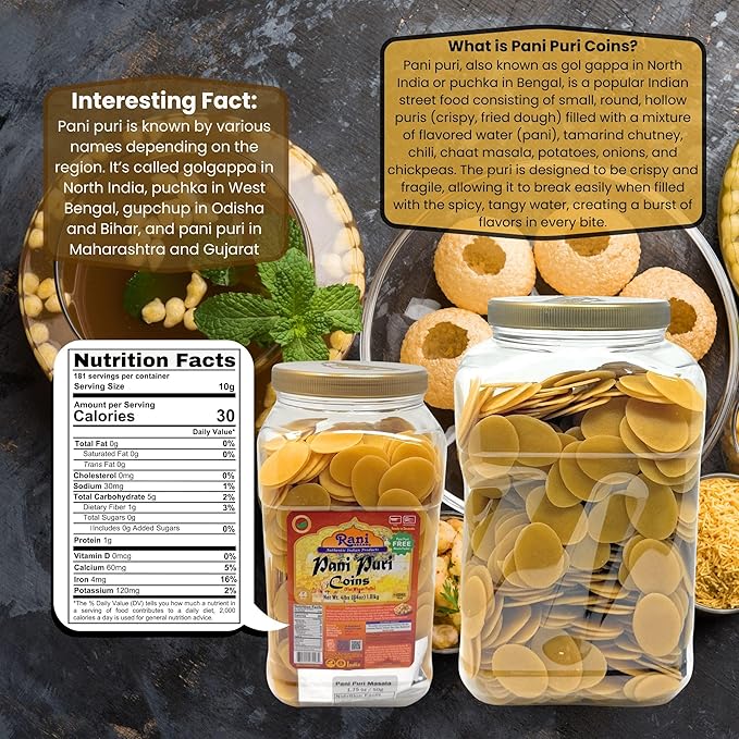 Rani Pani Puri Coins (Uncooked, Microwaveable Wheat Semolina Coins) 64oz (4lbs) w/Pani Puri Masala