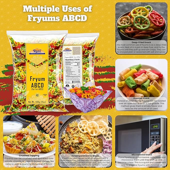 Rani Far Far / Fryums (Wheat & Tapioca Pellet) ABCD Shape 14oz (400g) ~ Vegan, Kosher, Uncooked