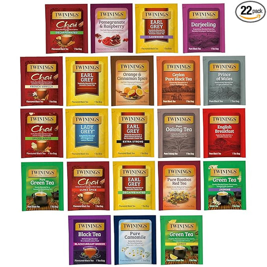 Twinings Tea Bag Sampler Assortment, Variety Pack (22 Count), 22 Unique Flavors for Tea Lovers: