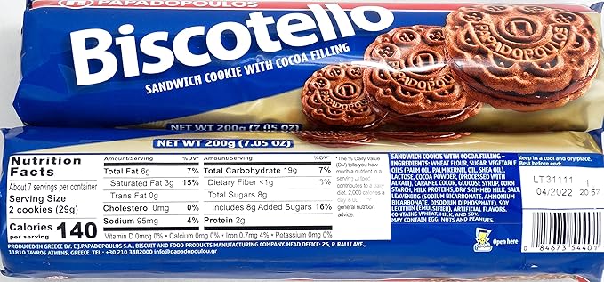 Papadopoulos Greek Sandwich Cookies with Cocoa Filling, 2 Pack. Authentic European Cookies.