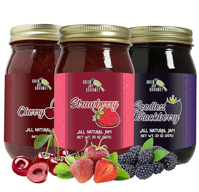 Green Jay Gourmet Classic Jam Collection - Cherry, Blackberry, & Strawberry Jam - All-Natural Fruit