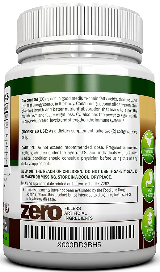 ORGANIC COCONUT OIL Capsules - 180 Softgels - 4000 MG Daily - Cold-Pressed Extra Virgin Coconut Oil